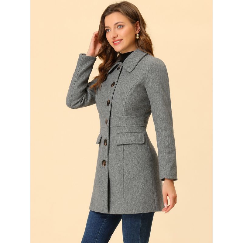 Allegra K Women's Peter Pan Collar Flap Pocket Single Breasted Buttoned Long Coat, 3 of 7