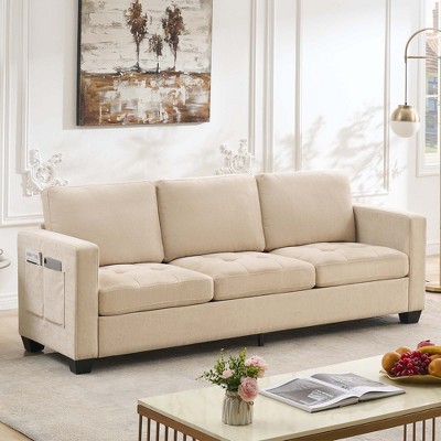 3 Seat Sofa Couch, 89'' Chenille Fabric Upholstered Sofa with Wide Armrest, Comfy Couches with Side Storage Pockets for Living Room, Bedroom