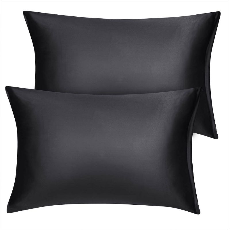 2 Packs Standard Size Zippered Silky Satin Pillowcases Pillow Cases Covers Black - PiccoCasa, 2 of 4