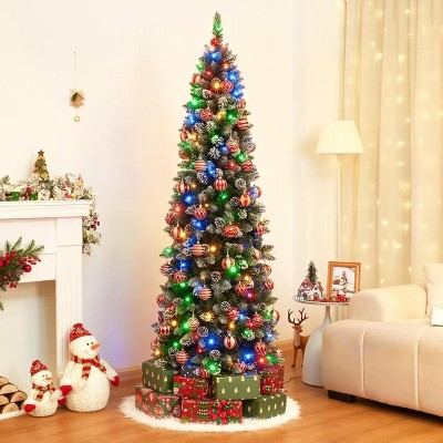 Christmas Artificial Pencil Tree with Dual-Color LED Light, PVC, Mixed Flocked Pencil Tree, Natural Color Holiday Decoration