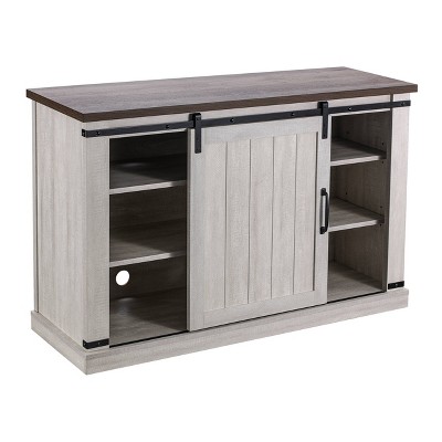 Saw Cut Off White Rustic Sliding Barn-Door TV Stand