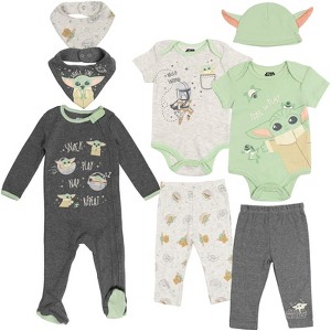 Star Wars The Mandalorian The Child Baby Bodysuits Sleep N' Play Coverall Pants Hat and Bibs 8 Piece Outfit Set Newborn to Infant  - 1 of 4