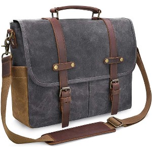 15.6 Inch Mens Messenger Bag Waterproof Vintage Genuine Leather Waxed Canvas Briefcase Large Leather Computer - 1 of 4