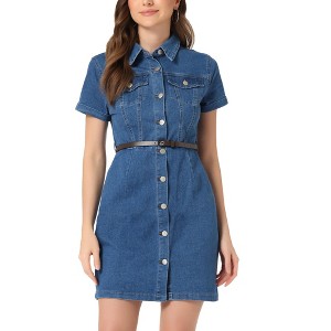 Allegra K Women's Collar Roll Up Short Sleeve Belted Button-Up Denim Shirt Dresses - 1 of 4