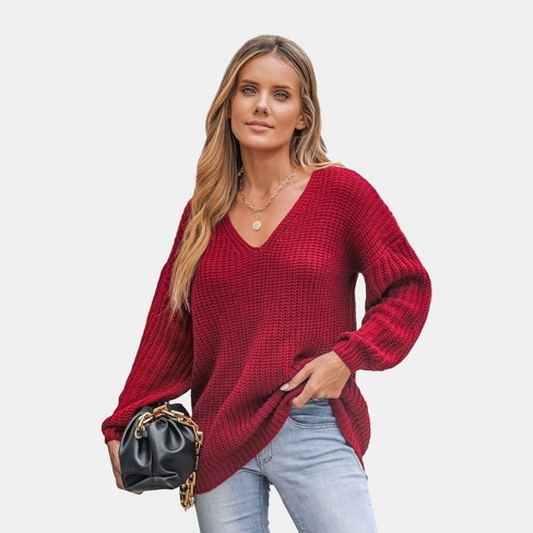 Women's V-Neck Chunky Knit Long Sleeve Sweater - Cupshe-M-Red