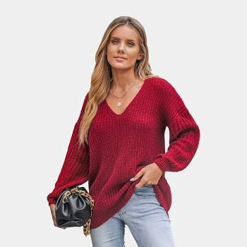 Women's V-Neck Chunky Knit Long Sleeve Sweater - Cupshe