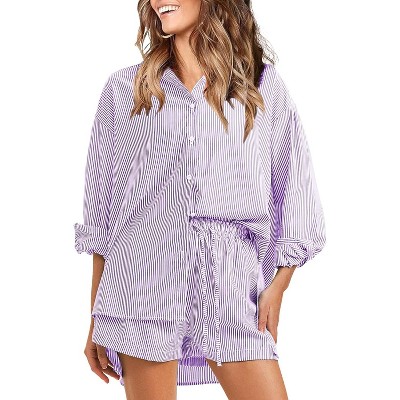 EXLURA Women's Summer 2 Piece Sets Long Sleeve Button Down Shirts Matching Short Sets Oversized Spring Vacation Outfits