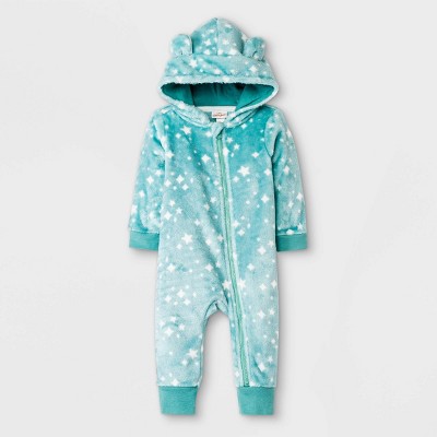 Image of Baby Boys' Cozy Critter Hooded Romper - Cat & Jack™ Mint Green 6-9M