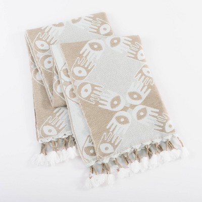 Tan and White Woven Polyester-Acrylic Throw Blanket with Tassels
