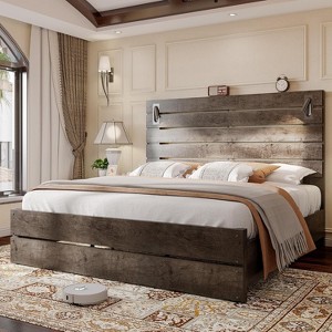 AMERLIFE Farmhouse Bed Frame, Headboard with LED Lights, Rustic Wood Look, No Box Spring Needed - 1 of 4