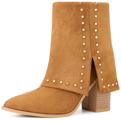 BLISSFUL STEP Women's Block Heel Fold Over Pointy Toe Studded Mid-Calf Boots