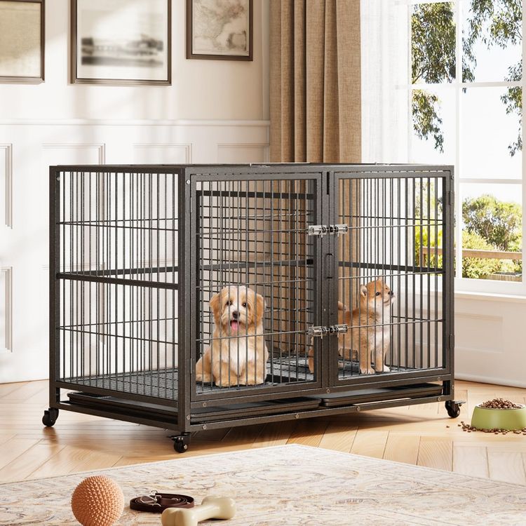Dog Crate for Large Dogs, Chew-Resistant Dog Kennel with Double Door & Lockable Wheels, 5 of 8