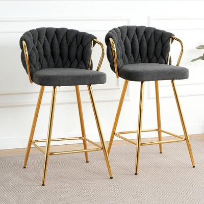 Set of 2 Modern Linen Bar Stools, Plated Legs, Kitchen & Dining Chairs for Cafe, Bar, Restaurant