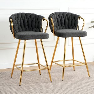 Set of 2 Modern Linen Bar Stools, Plated Legs, Kitchen & Dining Chairs for Cafe, Bar, Restaurant - 1 of 4