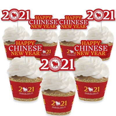 Big Dot of Happiness Chinese New Year - Cupcake Decoration - 2021 Year of the Ox Party Cupcake Wrappers and Treat Picks Kit - Set of 24