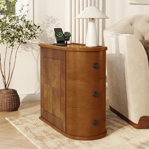 KWPZQEB End Table with Charging Station, Narrow Side Table with Drawers, Retro Sofa Couch Table for Living Room Bedroom, Brown - 1 of 4