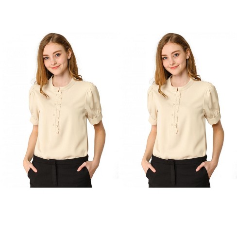 Allegra K Women's Work Office Half Placket Ruffled Puff Sleeve Blouse 2 Packs - image 1 of 4