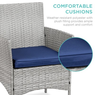 Gray Wicker 3-Piece Patio Bistro Set with Navy Cushions