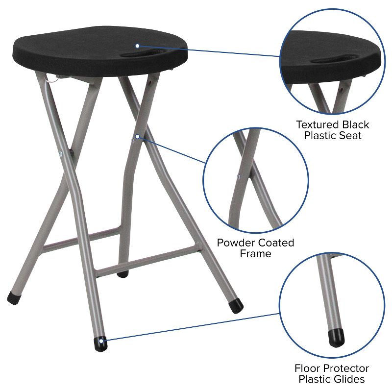 Emma and Oliver 2 Pack Foldable Portable Stool with Black Plastic Seat and Titanium Gray Frame, 4 of 9