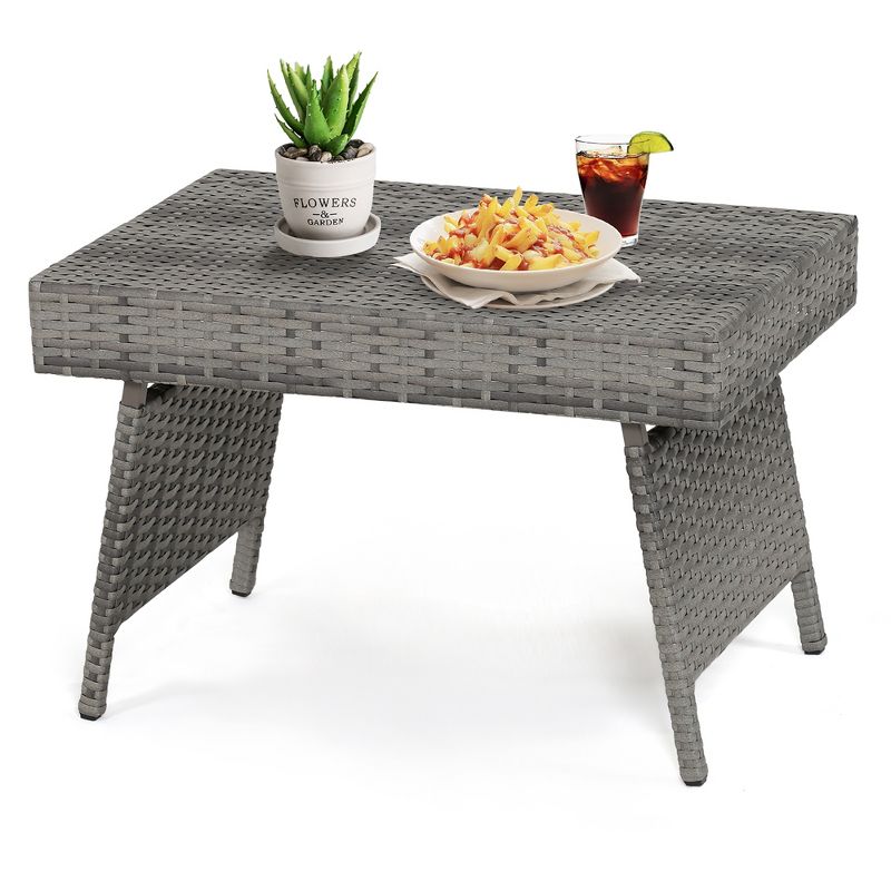 Costway Patio Folding Rattan Wicker Side Table End Coffee Table Portable Garden Mix Grey, 2 of 10