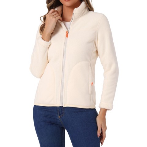 INSPIRE CHIC Women's Full Zip Long Sleeve High Neck Side Pockets Winter Fleece Jacket White X-Large
