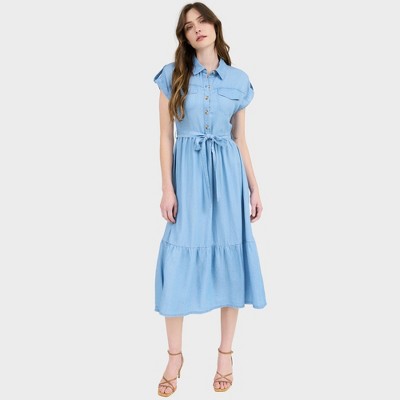 August Sky Women's Collared Half Button Tab Sleeve Belted Midi Dress