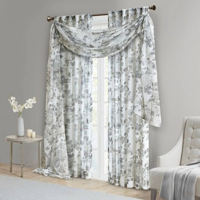 White Floral Sheer Rod Pocket Back Tab Curtain Panel