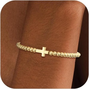 Gold Bracelets for Women 14K Gold Plated Beaded Bracelets Gold Stretch Bead Bracelet Handmade Ball Charm Bracelet - 1 of 4