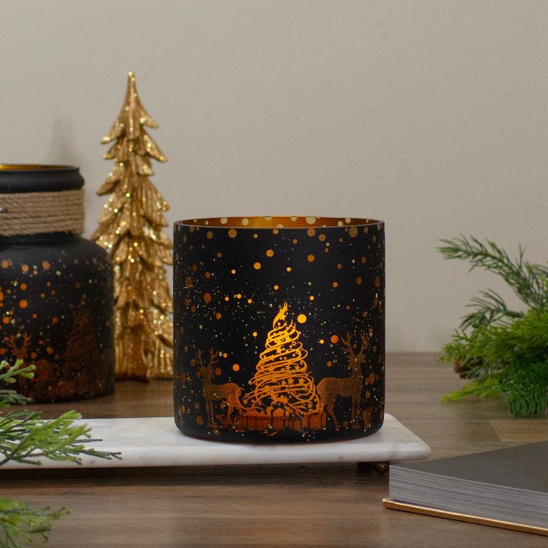 Northlight 6" Black and Gold Deer and Pine Trees Flameless Glass Candle Holder, 2 of 6