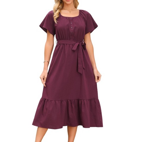 Женские платья INSPIRE CHIC Women's Summer Flutter Short Sleeve Scoop Neck Tiered Flowy Tie Waist A-Line Midi Dress X-Large Wine Red