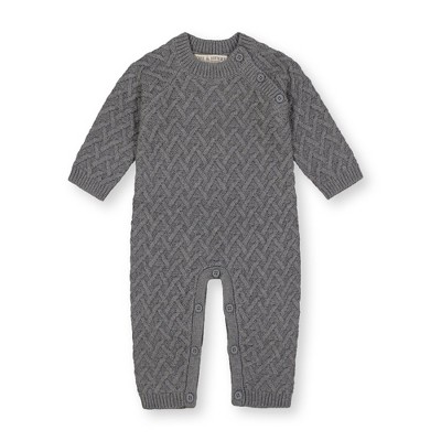Image of Hope & Henry Baby Cable Knit Sweater Romper (Dark Gray Heather Herringbone, 0-3 Months)