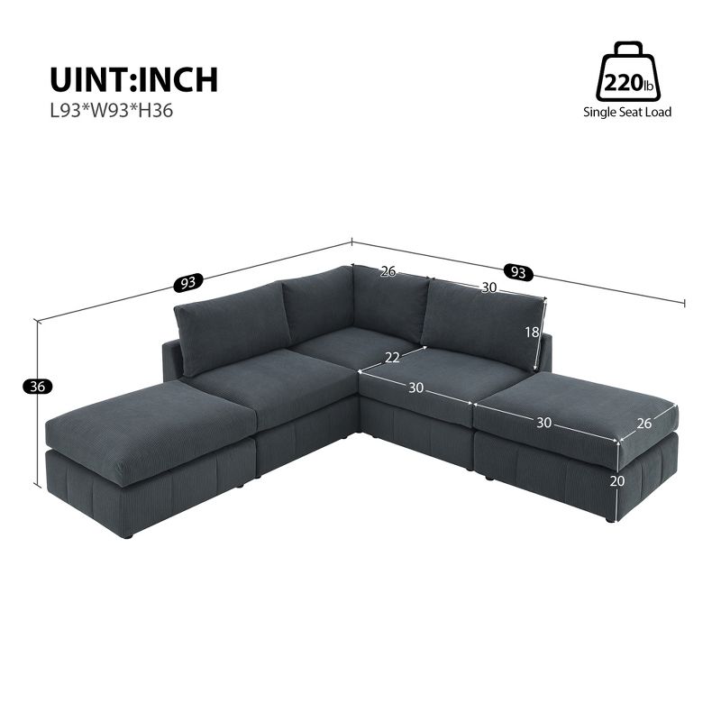 93"W 5-Seater Down Filled Upholstered Sectional Sofa Set with Convertible Ottomans, White/ Dark Grey, 4A -ModernLuxe, 2 of 16