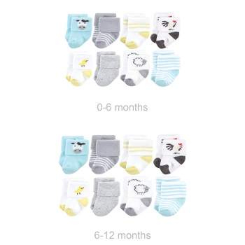 Hudson Baby Unisex Baby Grow with Me Cotton Terry Socks, Farm 8-Pack, 0-6 and 6-12 Months