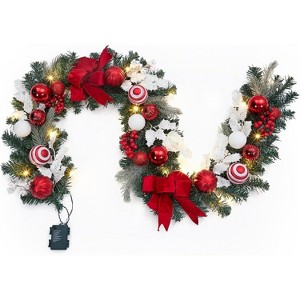 CuisinSmart 6ft Lighted Christmas Garland, Artificial Rattan with Balls and Bow Flower  Xmas Garland Decorations, Red White - 1 of 4