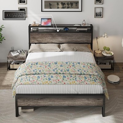 AMERLIFE Bed Frame with Drawers, LED, Bookcase Headboard, Charging, Shelves