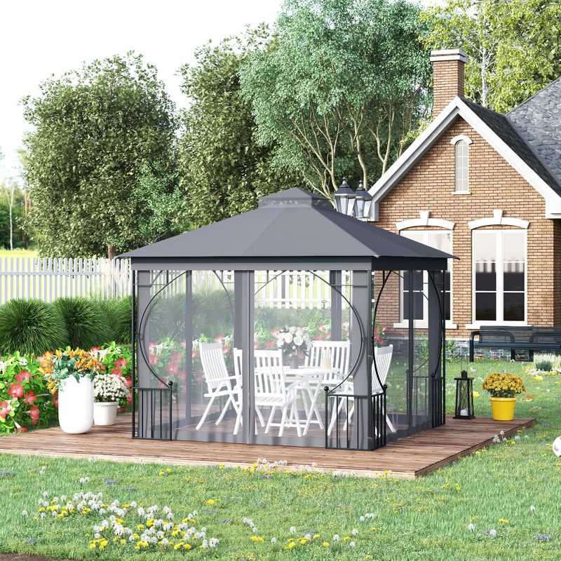 Outsunny 10' x 10' Patio Gazebo Canopy Outdoor Pavilion with Mesh Netting SideWalls, 2-Tier Polyester Roof, & Steel Frame, 2 of 7
