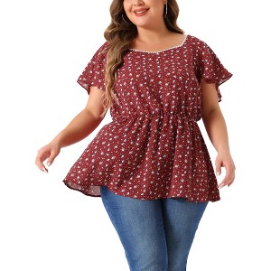 Agnes Orinda Women's Plus Size Floral Blouse Flare Sleeve Sweetheart Neck Elastic Waist Peplum Top - 1 of 4