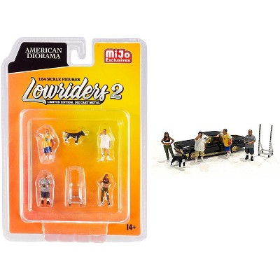 "Lowriders 2" 6 piece Diecast Set (4 Figurines, 1 Dog and 1 Accessory) for 1/64 Scale Models by American Diorama