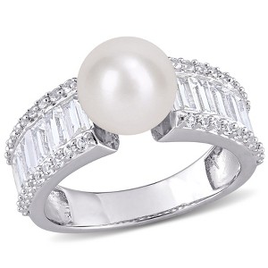 EVERLY JEWELRY |Sterling Silver 2 2/5 CT TGW Created White Sapphire And 8 - 8.5 MM White Freshwater Cultured Pearl Fashion Ring - 1 of 4