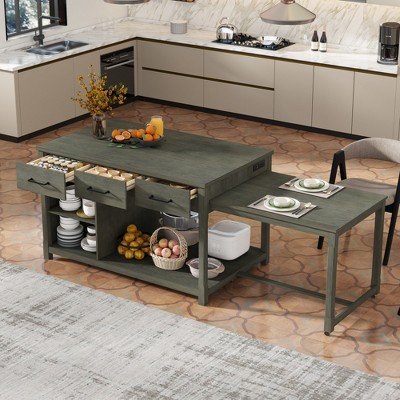 Extendable kitchen island with drawers and open shelving in a kitchen island setup