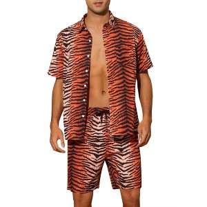 INSPIRE CHIC Men's Short Sleeves Hawaiian Animal Printed Outfit Set 2 Pieces - 1 of 4