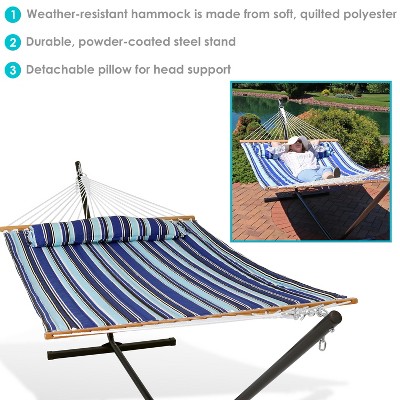 Catalina Beach Blue Quilted Polyester Hammock with 12ft Black Steel Stand