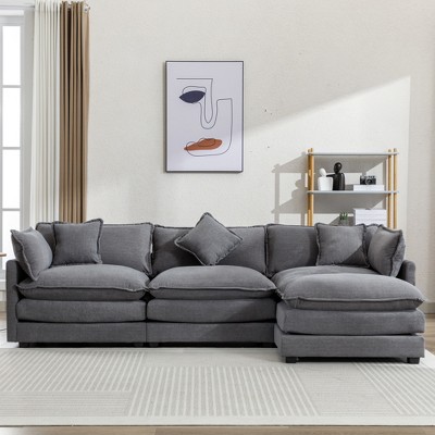 111.4"W Sectional Sofa Couch, 4-seater L-Shape Chenille Upholstered Sofa Chair with Ottoman and 5 Pillows -ModernLuxe