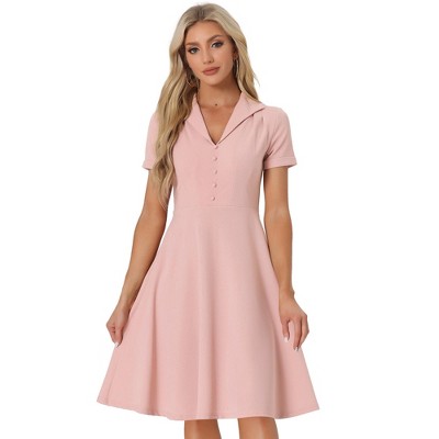 INSPIRE CHIC Women's Vintage Flat Collar V Neck Short Sleeve Belted 1950s Flare Dress