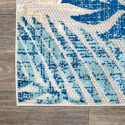 Gray and Blue Palm Leaves Indoor/Outdoor Area Rug