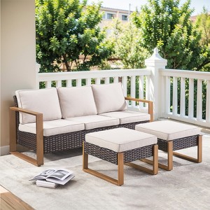 Buenhomino 3 Pieces Patio Sofa with Ottomans, All-Weather PE Rattan Wicker Sofa Small Patio Conversation Couch with Cushion,Blue Cushion&Brown Wicker - 1 of 4