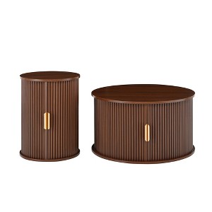 Gulches Walnut Round MDF Indoor Coffee Table Set 2-Piece Mid-Century 31x31x23 Inch With Sliding Door Storage - 1 of 4