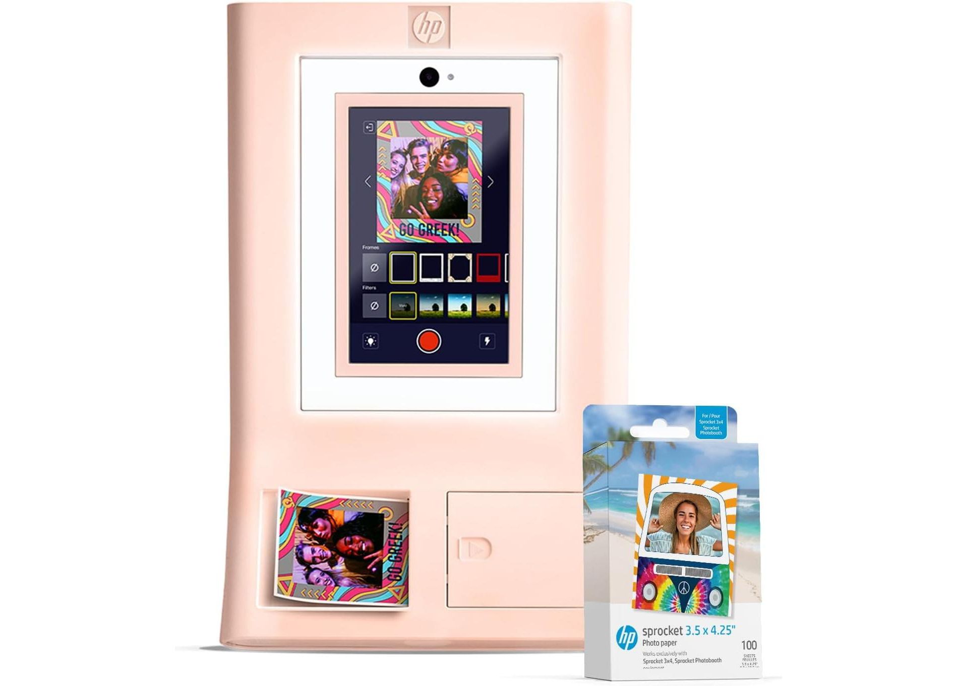 HP Sprocket Photo Booth + 110 3x4 Zink Paper Sheets, Digital Instant Color Photo Printer, 10.1" Touchscreen Photobooth, LED Ring Light & More