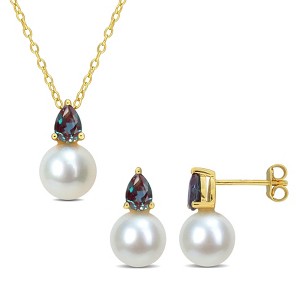 EVERLY JEWELRY | Yellow Plated Sterling Silver 8.5-9mm Cultured Freshwater Pearl & 1 4/5ct TGW Created Alexandrite Pendant w/Chain & Earrings Set - 1 of 4