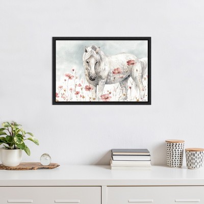 White Horse and Pink Flowers Canvas Wall Art
